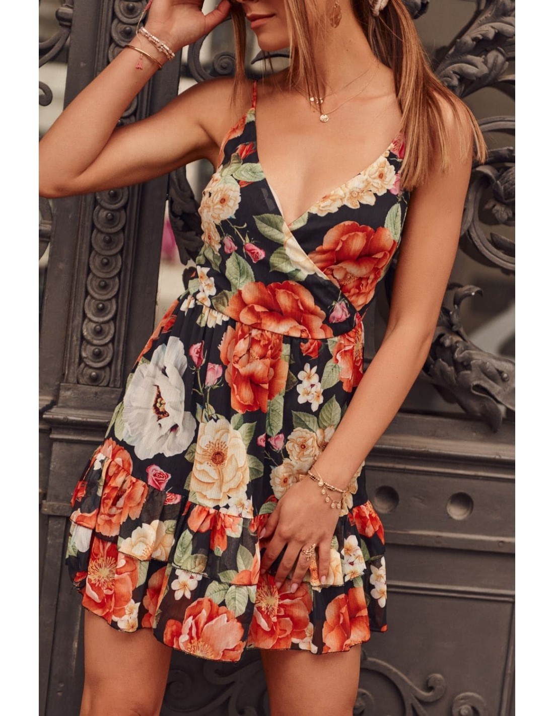 Elegant dress with colorful flowers, black PR3210 - Online store - Boutique